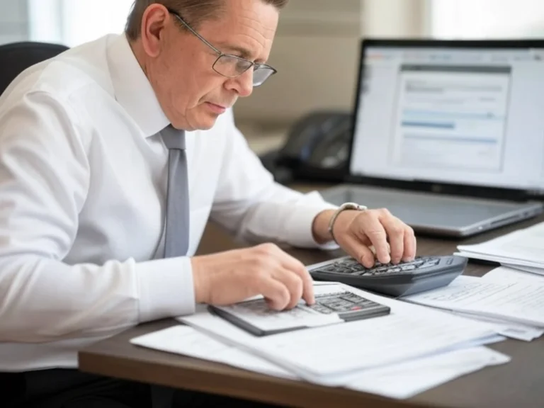 Homme consultant des documents pour un crédit d'impôt sur un ordinateur portable dans un bureau