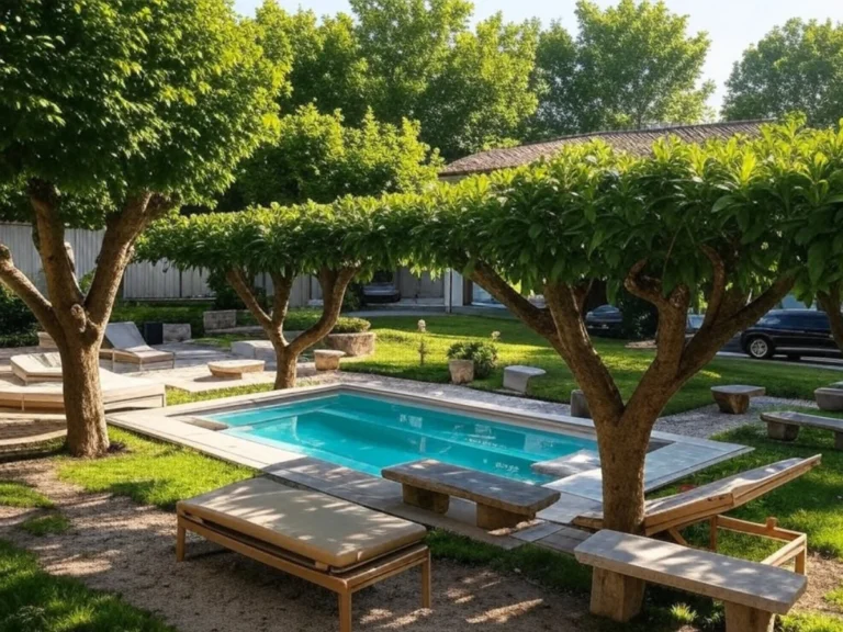 Un jardin bien entretenu, piscine, avec un Peugeot 5008 à Cergy-Pontoise, illustrant le service de paysagiste et d'entretien d'espaces vert