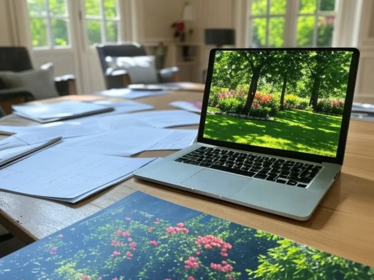 Ordinateur portable avec documents sur un bureau, pour la consultation des réglementations locales des travaux paysagers